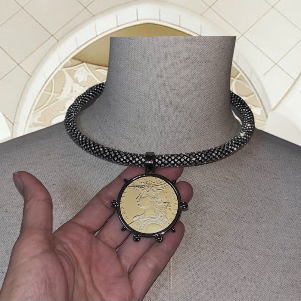 Mixed Metal Crystal Pave Choker French Medallion Coin Necklace One of a …